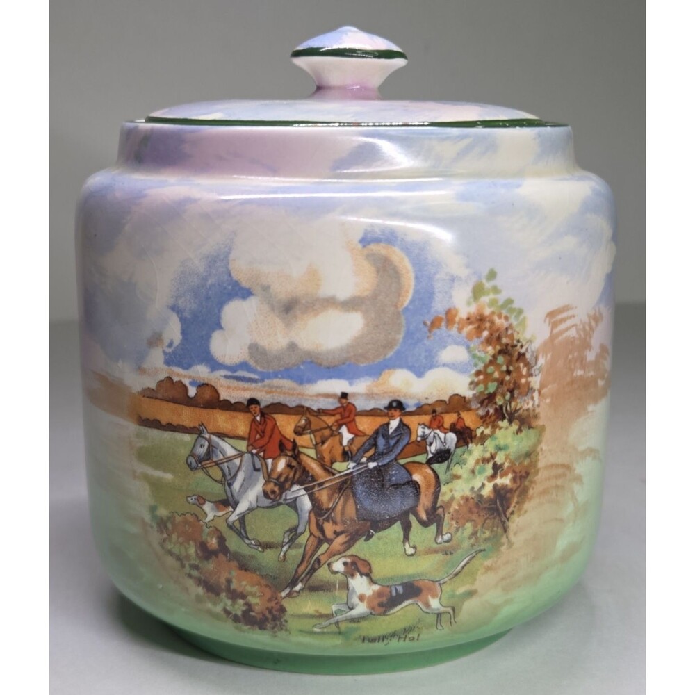 Fox Hunt England Ceramic Humidor Canister Empire Ivory Ware Porcelain Co 1930s